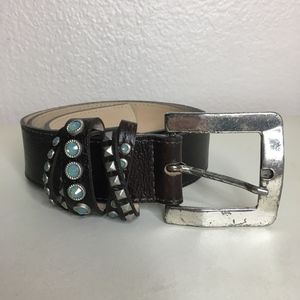 Leather Rock brown belt blue silver studs leather